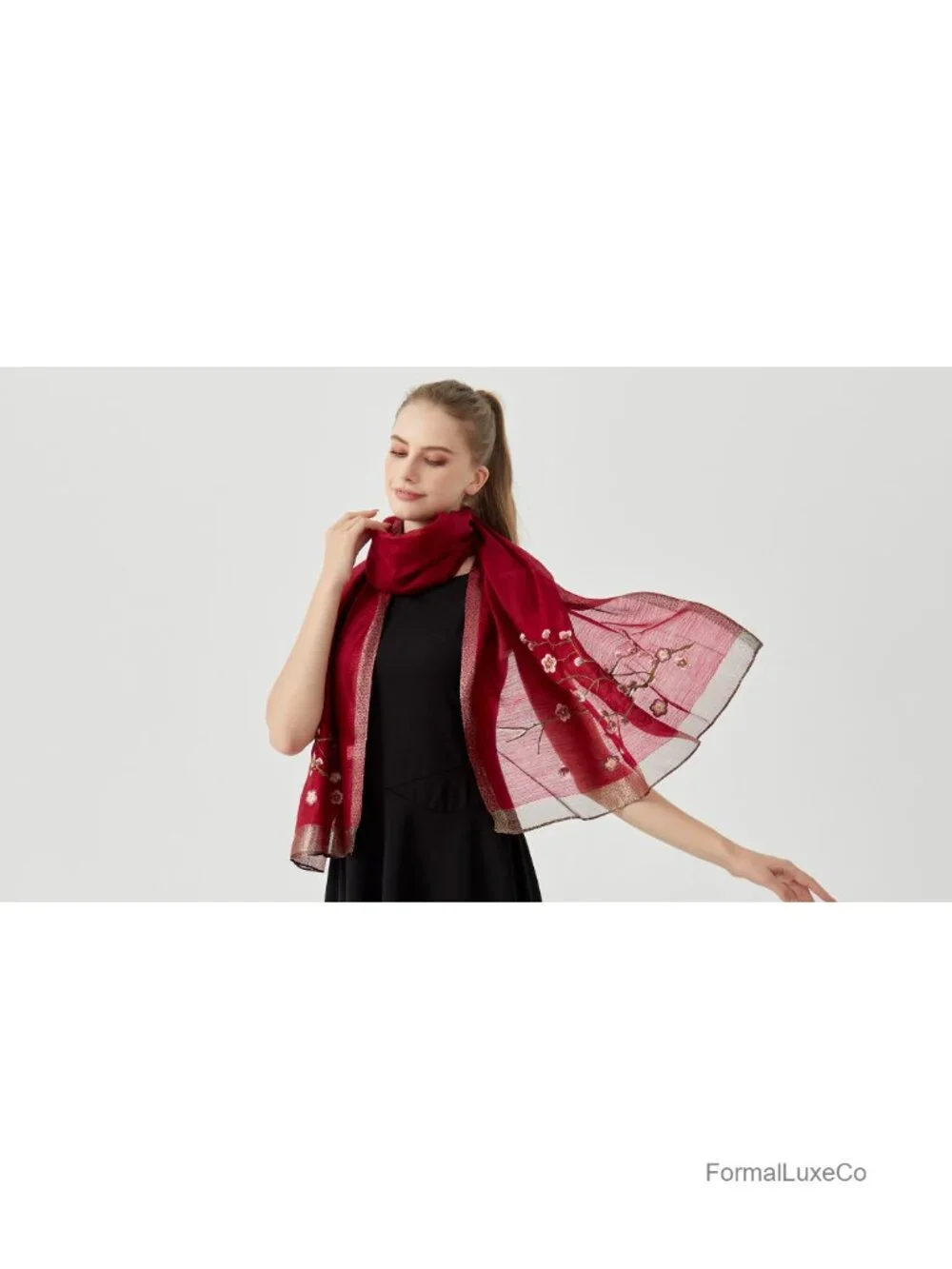 30% Silk 70% Acrylic Embroidered Floral Long Scarf Wrap Shawl